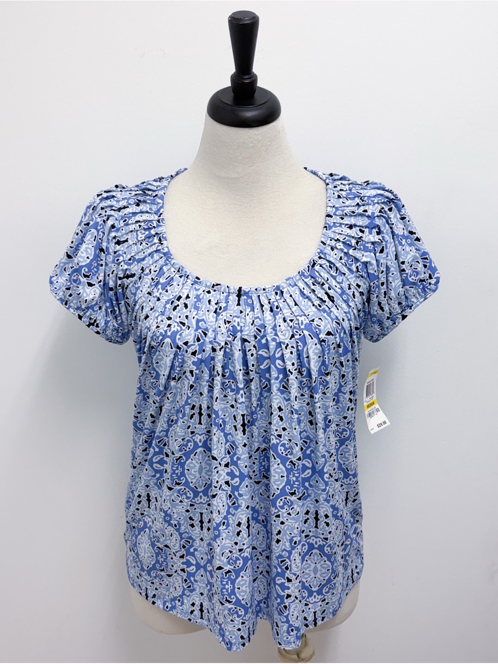 Style Co Periwinkle Blue White Black Pleated Short Puff Sleeve Damask Top Medium